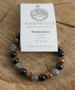 Bracelet Protection Labradorite, Tourmaline, Oeil de Tigre - Perles 8mm, 1 pièce